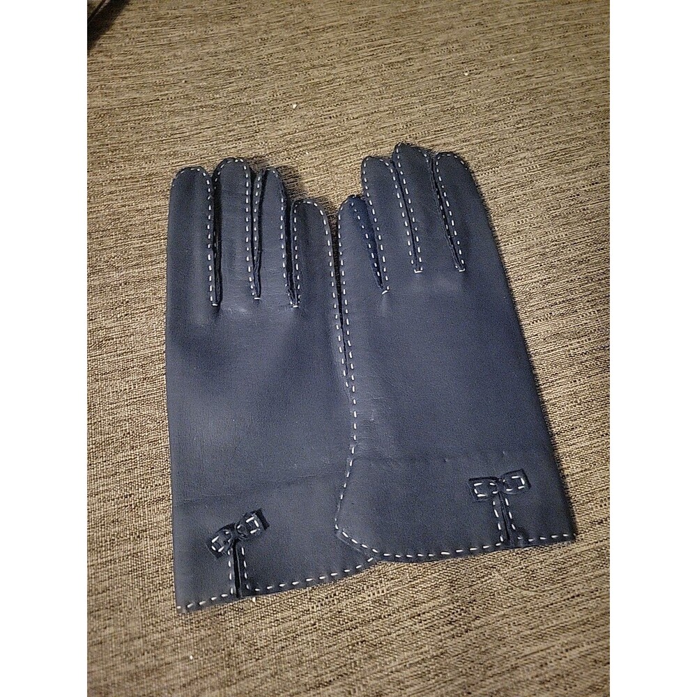 Vtg Navy Blue Driving Gloves Faux Leather White Trim Bow 1950s? Medium Hong Kong